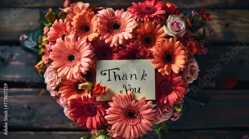 A bouquet of flowers arranged in a heart shape with a "Thank You" card tucked amongst the petals.