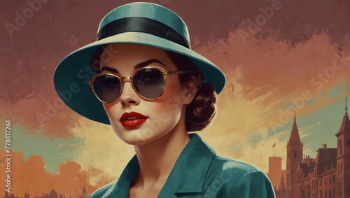 a woman wearing a hat and sunglasses in a painting, digital illustration, beautiful retro art, 50's vintage illustration
