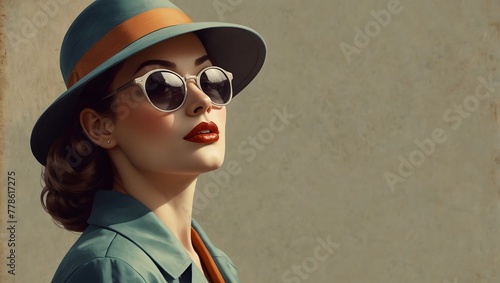 a woman wearing a hat and sunglasses in a painting, digital illustration, beautiful retro art, 50's vintage illustration, Copy Space