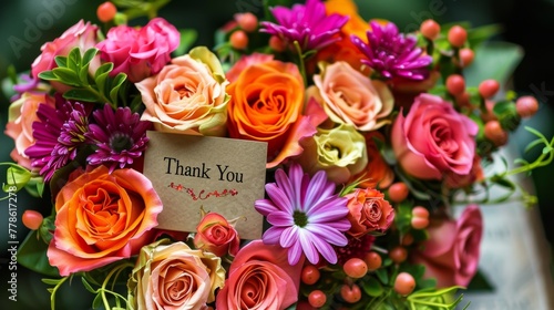 A bouquet of flowers arranged in a heart shape with a "Thank You" card tucked amongst the petals.