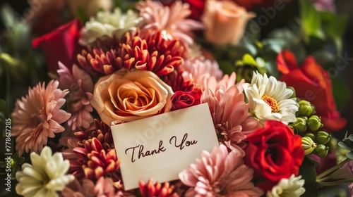 A bouquet of flowers arranged in a heart shape with a "Thank You" card tucked amongst the petals.