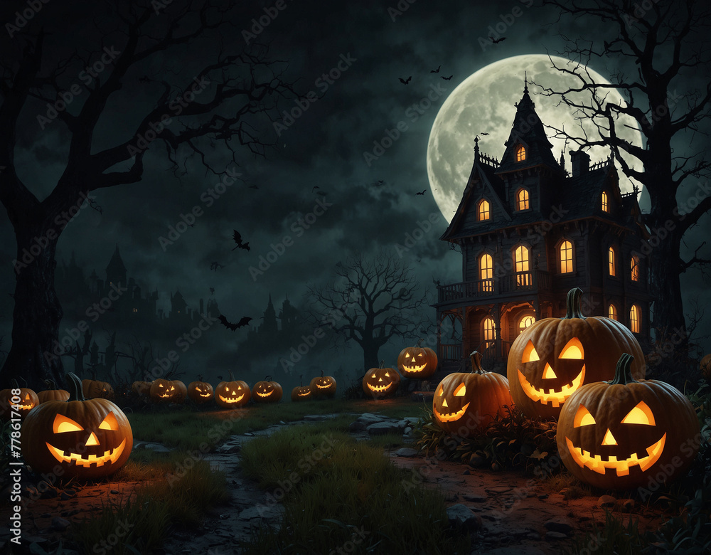 Halloween background with pumpkins and haunted house. Halloween background with Evil Pumpkin. Spooky scary dark Night forrest. Halloween background with pumpkins and haunted house. Halloween background with Evil Pumpkin. Spooky scary dark Night forrest.