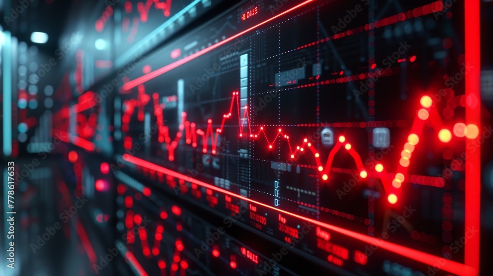 A computer screen shows a graph with red lines and numbers. A computer screen shows a graph with red lines and numbers.