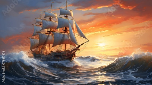 art illustration of big ancient pirate ship sailing on rough sea. AI Generative