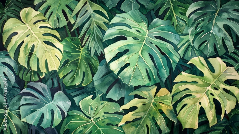 A dense and overlapping pattern of large, green monstera leaves with hints of sunlight filtering through in watercolor A dense and overlapping pattern of large, green monstera leaves with hints of sunlight filtering through in watercolor