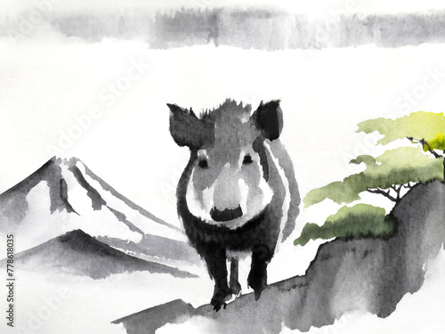 Illustration of a New Year's greeting card drawn in ink(Boar painted,watercolor,japan)