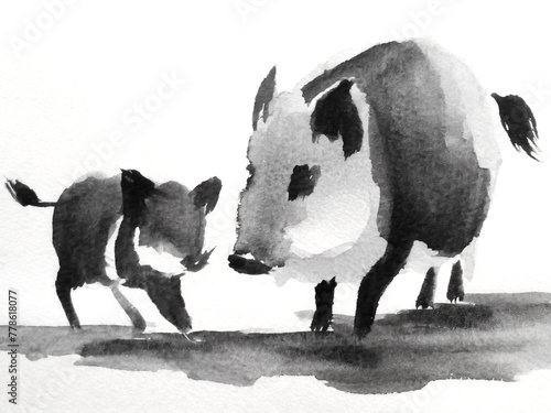 Illustration of a New Year's greeting card drawn in ink(Boar painted,watercolor,japan)