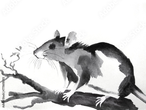 Illustration of a New Year's greeting card drawn in ink(Rat painted,watercolor,japan style)