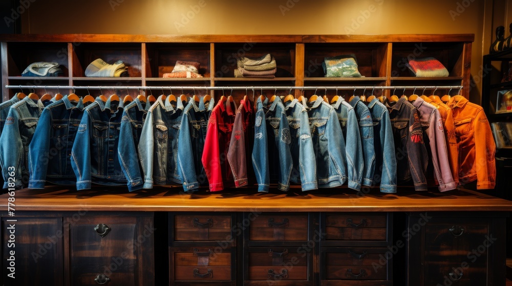 A diverse collection of vintage denim jackets displayed on a store rack 