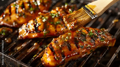 Basting juicy chicken breasts with a flavorful marinade using a large brush