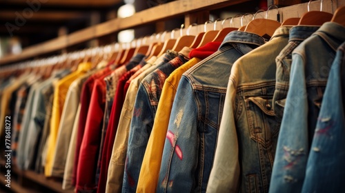 A diverse collection of vintage denim jackets displayed on a store rack 