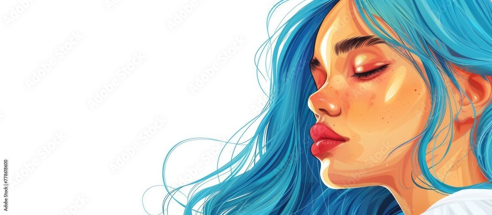 a painting of a woman with blue hair and red lips . High quality