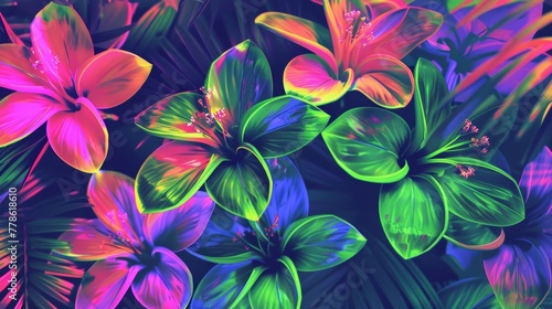 A dynamic pattern featuring tropical flowers in bright neon colors like pink, green, and blue, creating a futuristic or retro feel.