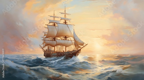 art illustration of big ancient pirate ship sailing on rough sea. AI Generative