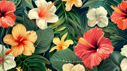 Feature both large and small tropical flowers in the same pattern for a sense of depth and visual interest. © kamonrat