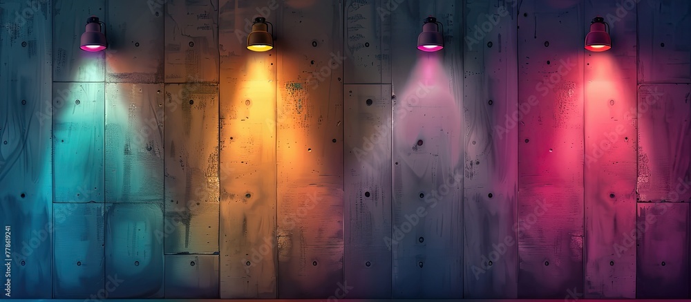 An electric blue, violet, magenta, and purple row of colorful lights illuminate the wooden wall, creating a vibrant and entertaining display against the darkness. Perfect for a midnight event