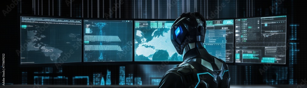 A humanoid robot assesses complex financial data displayed across multiple digital screens A humanoid robot assesses complex financial data displayed across multiple digital screens