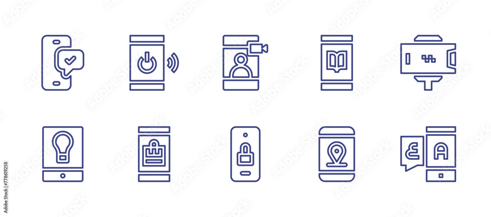 Mobile line icon set. Editable stroke. Vector illustration. Containing video call, phone, holder, translator, padlock, look for, power, location, online shopping, ebook.