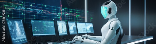 A humanoid robot assesses complex financial data displayed across multiple digital screens