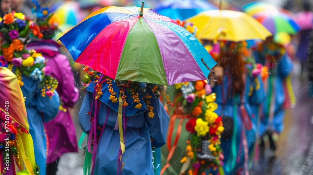 A vibrant parade scene with people marching in colorful costumes, holding umbrellas decorated with flowers and ribbons.