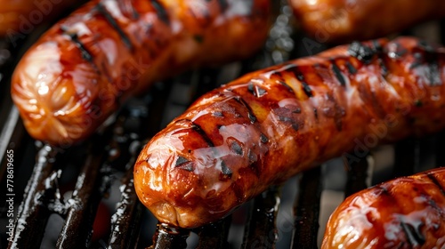 Close-up shot of plump sausages with visible grill marks, glistening with a glaze.