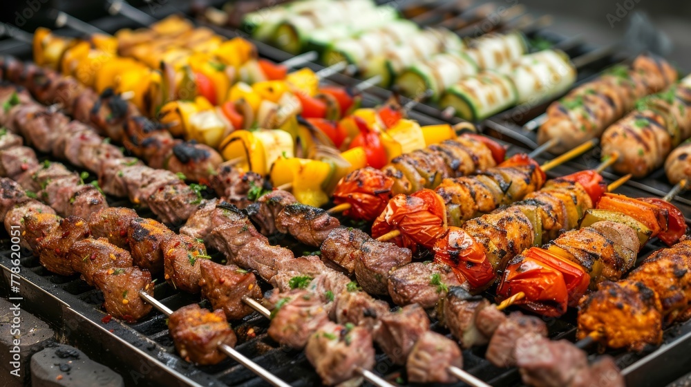 A variety of colorful grilled kebabs with vegetables and different types of meat.