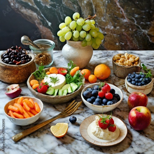 a harmonious composition of healthy food choices arranged elegantly on a rustic marble surface  emphasizing their natural appeal and the pleasures of mindful nutrition