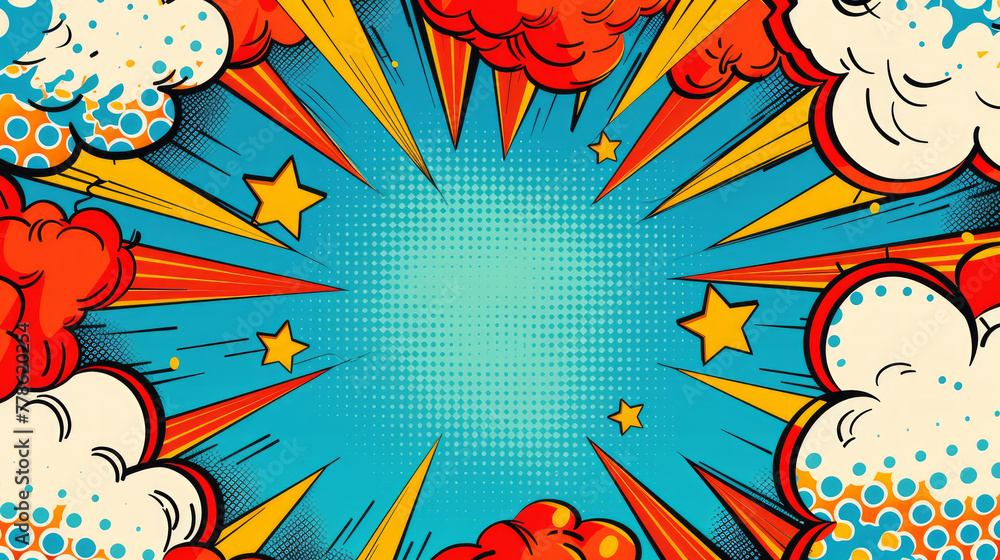 Colorful comic book style explosion illustration with a central banner with blank space for custom content