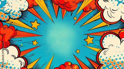 Obraz na płótnie Colorful comic book style explosion illustration with a central banner with blank space for custom content w salonie