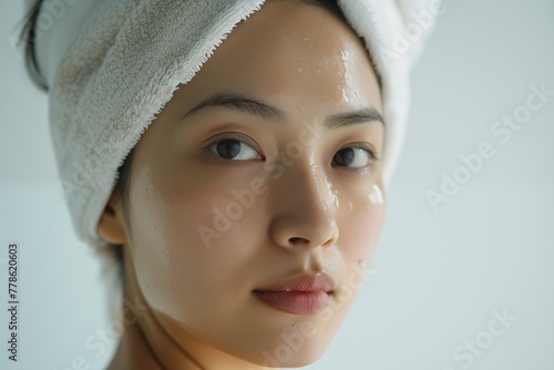 Beautiful Asian woman with a towel on her head  close up portrait against a white background in the style of a beauty skin care commercial.
