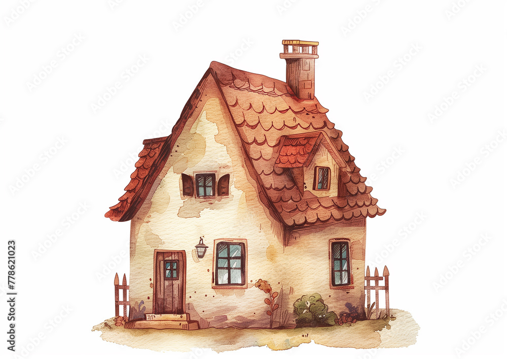 Watercolor House on White Background - charming little home illustration - Perfect for Children’s Books, Greeting Cards, Real Estate, Cozy Home Art and Educational Content.