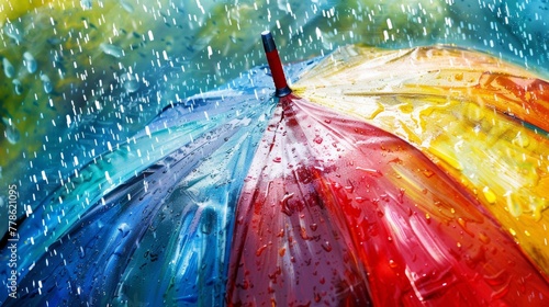 A brightly colored umbrella with a unique artistic design, showcasing personal expression amidst the spring rain.  photo