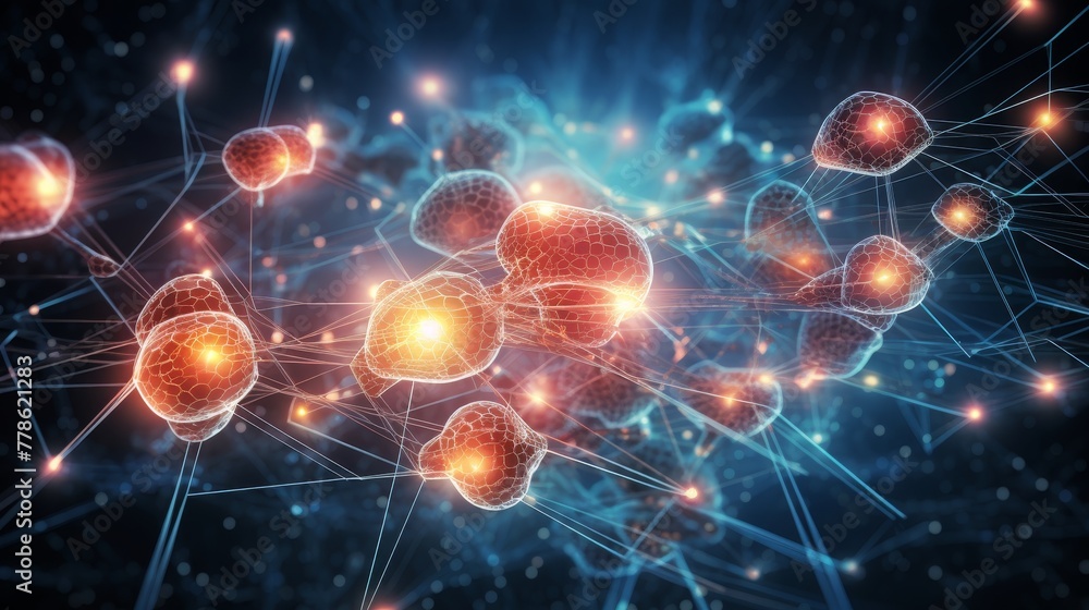 A multitude of human brains linked together by a glowing grid A multitude of human brains linked together by a glowing grid