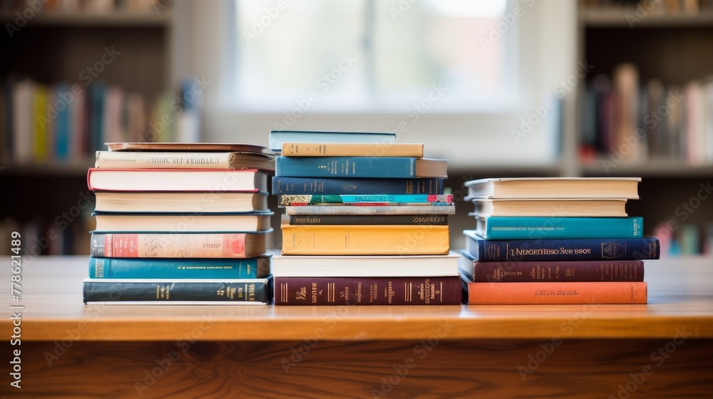 A neat stack of books sits atop a simple wooden table A neat stack of books sits atop a simple wooden table
