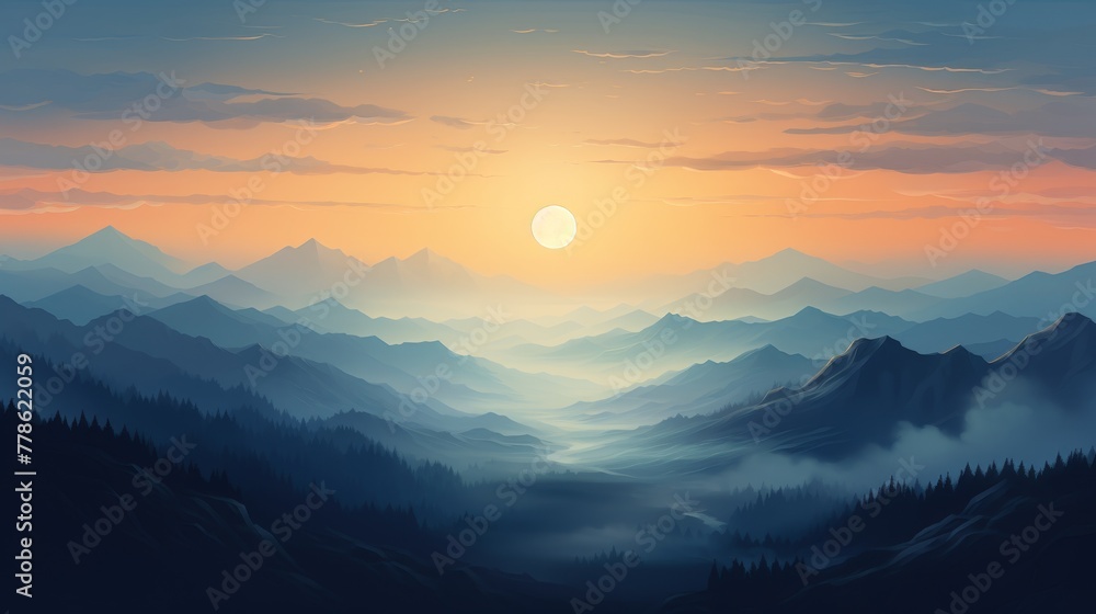 A painting of a ridge of mountains and the sun. 