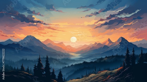 A painting of a ridge of mountains and the sun.  #778622222