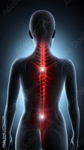 A persons back highlighted in red experiencing acute pain possibly from sports injuries or overtraining 