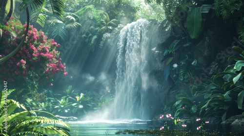 A hidden waterfall cascading into a crystal-clear pool  surrounded by lush greenery and vibrant tropical flowers blooming in the mist.