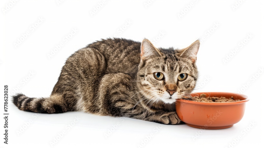 Cat with food bowl isolated on white