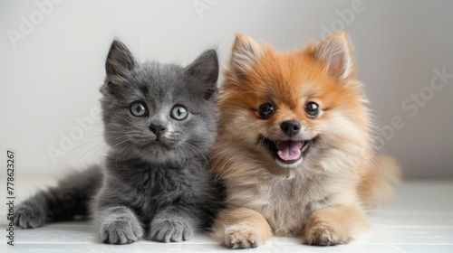 Funny gray kitten and smiling dog on white background. Lovely fluffy cat and puppy of pomeranian spitz.