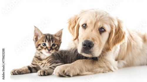 Golden Retriever puppy and kitten posing on white background.