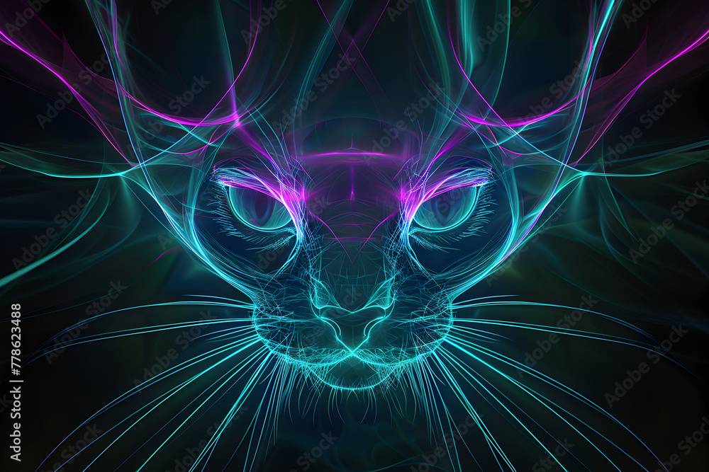 Neon illustration of mysterious cat creature isolated on black background.
