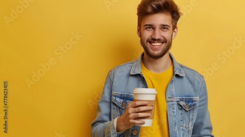 Here your latte! Portrait of positive cheerful guy student work part-time in coffee bar shop give to client paper card disposable mug wear photo