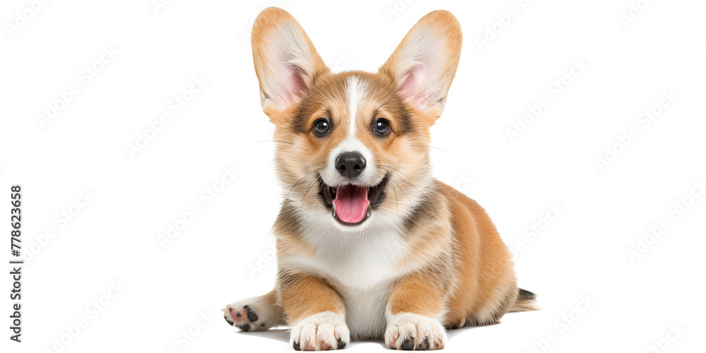 Smiling funny Pembroke Corgi puppy with long ears over the white background,
