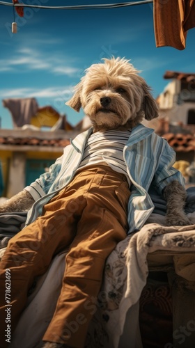 A dog with clothes is lying on the roof traveling at the beach © MOUISITON