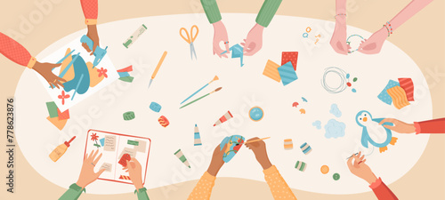 Flat handicraft DIY hobby activity background, top view children creative workshop concept, handmade origami and scrapbooking art group collection, cartoon hands make craftwork hobby illustration,