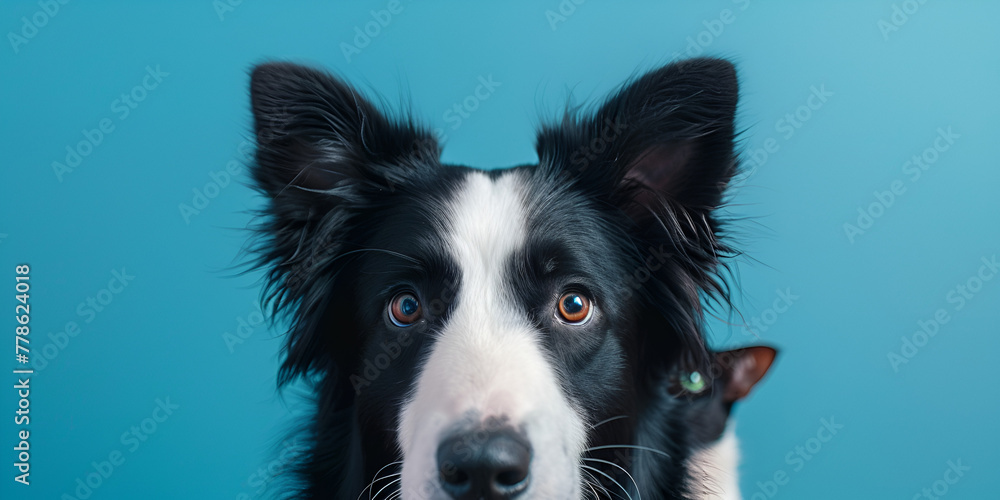 Border collie being funny and emotional paws waving cute pose pet against a blue background,
