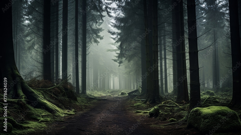 A tranquil and serene forest covered in fog, creating a mystical atmosphere A tranquil and serene forest covered in fog, creating a mystical atmosphere