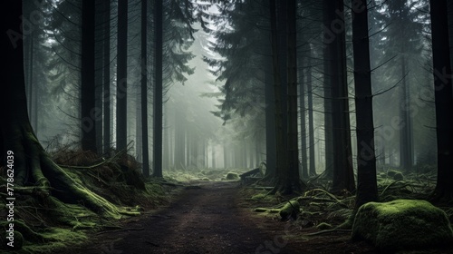 A tranquil and serene forest covered in fog  creating a mystical atmosphere