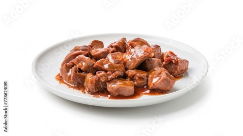 Wet cat food on a white plate cutout. Feeding plate full of meat and liver pieces in a sauce for cats isolated on a white background.